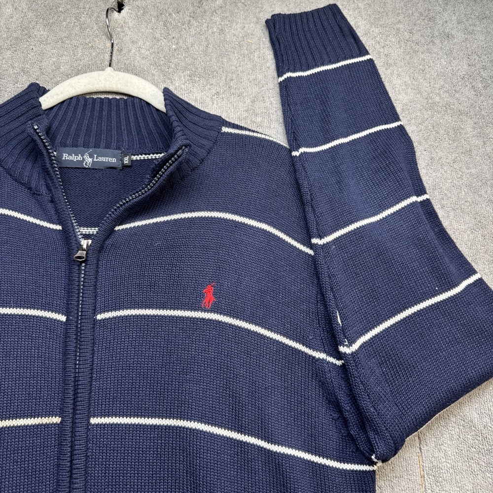Ralph Lauren Navy Blue Zip-Front Bomber with White Stripes & Red Pony